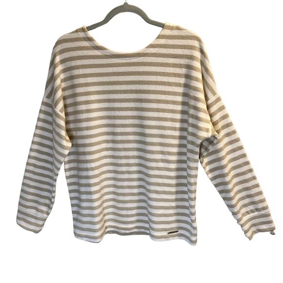 Jones New York Stripe Knit Sweatshirt Criss Cross V-Back Size M Khaki White - Picture 1 of 14